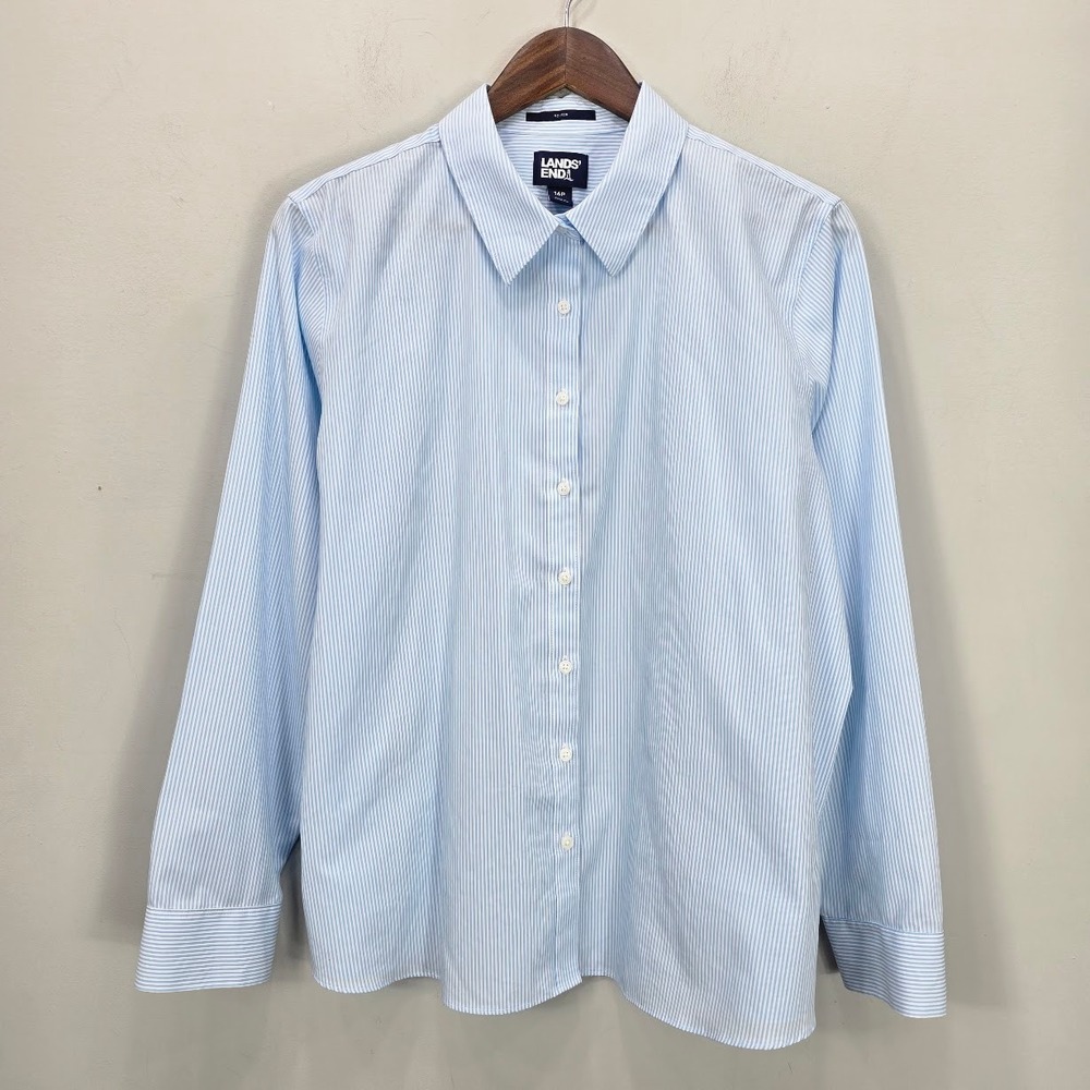 Lands End Button Down Shirt Top Womens 16P Striped Long Sleeve Office Career